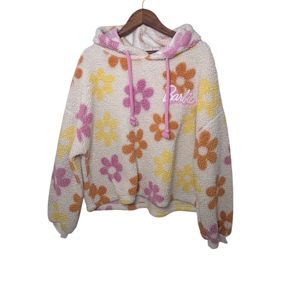 Barbie Fleece Hoodie Women's Large Pink Floral Flower Power Cozy‎